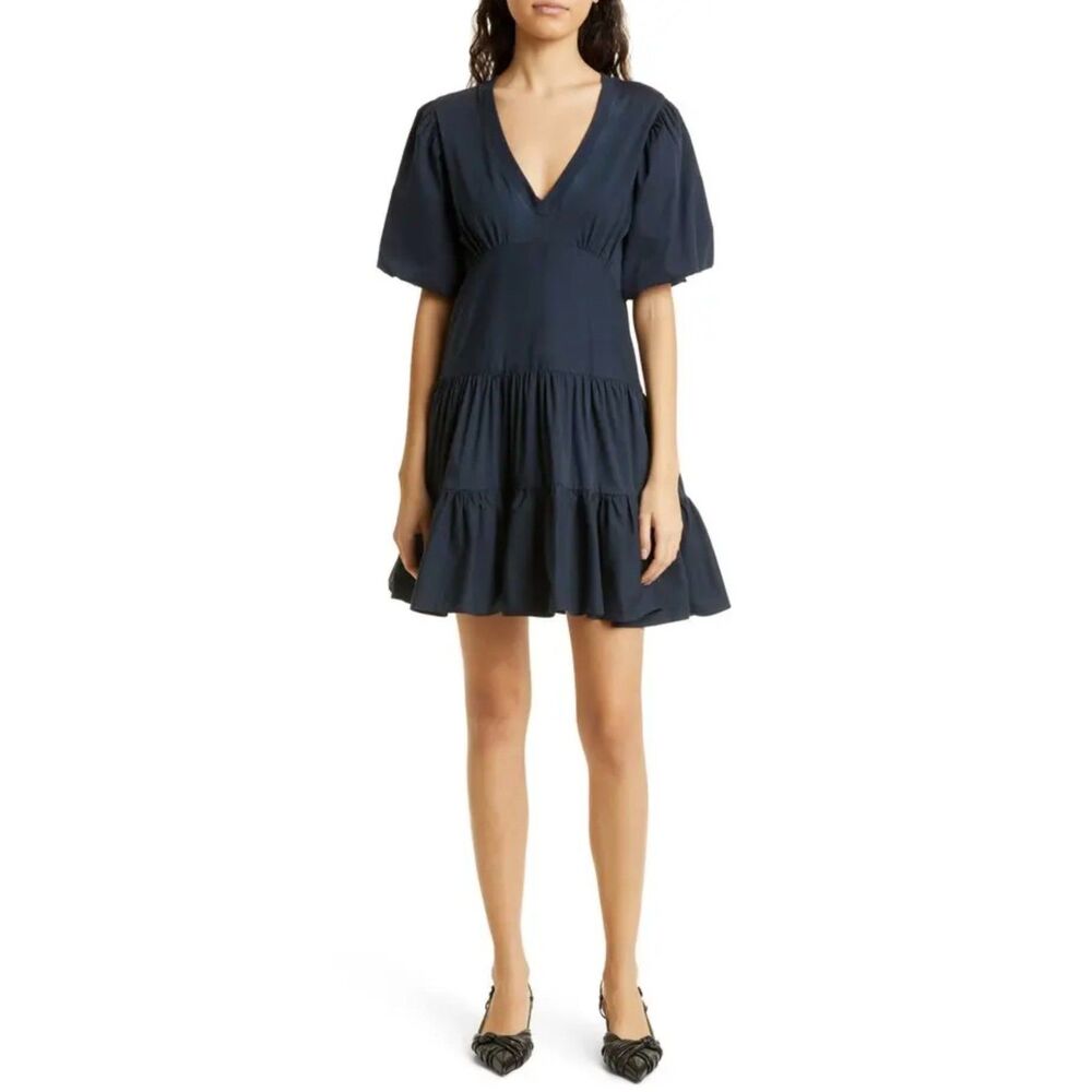 5a7 CINQ A SEPT Lona Stretch Cotton Navy Blue V-Neck Mini Dress Puff Sleeves, S